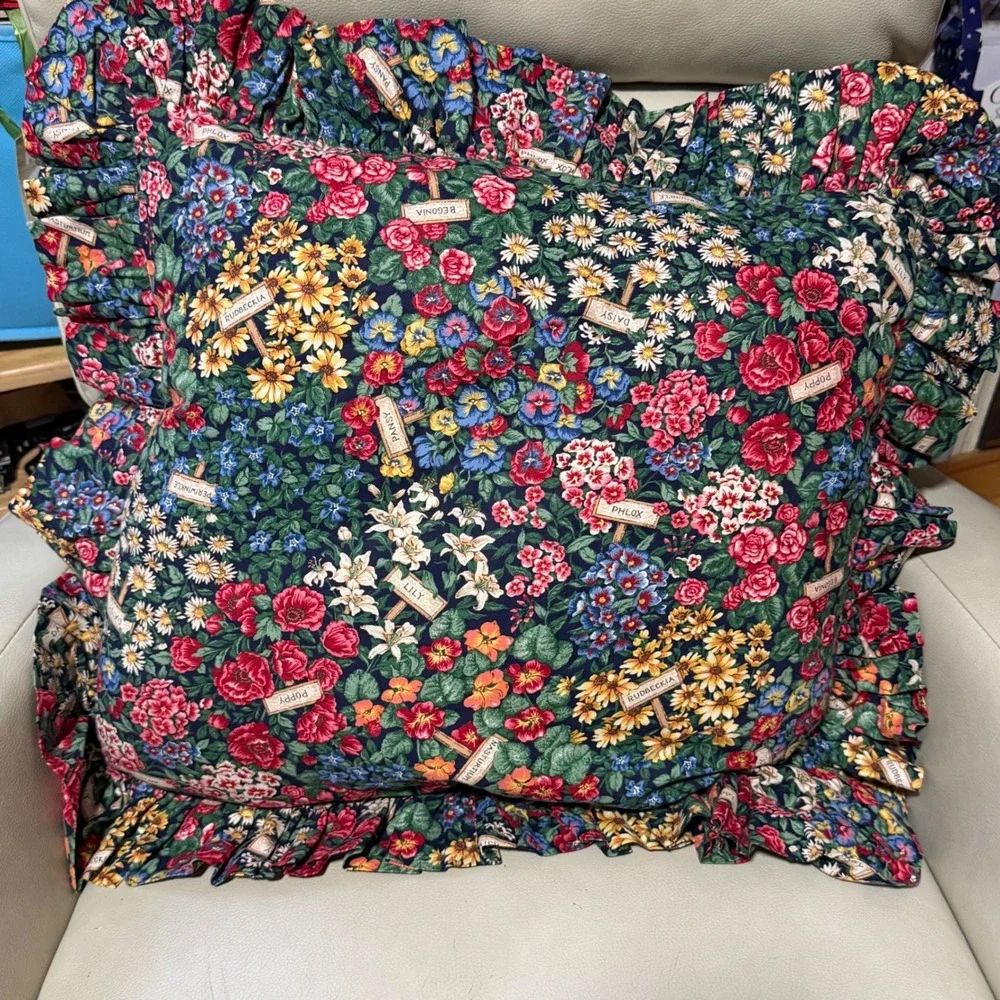 Vintage Hand Embroidered Alphabet Sampler Floral Chintz Ruffle Pillow 20x20